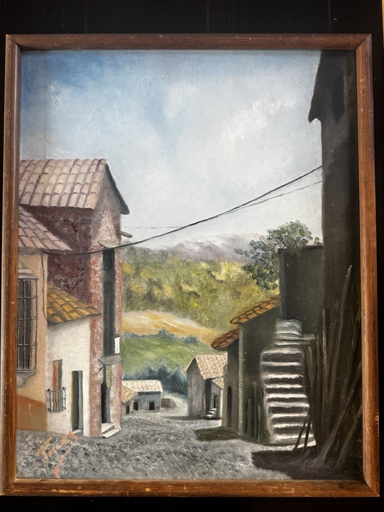 Oil Painting MCM Signed Village Street Scene Buck Saunders Gallery Scottsdale AZ