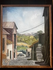 Oil Painting MCM Signed Village Street Scene Buck Saunders Gallery Scottsdale AZ