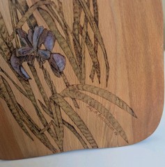 VTG Purple Iris Wood Burning Cutting Board Painted Signed Country Decor Bread