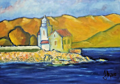 Original Oil Painting Church by the Sea Expressionism Seascape Croatia 2010