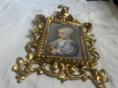 Antique Baby Stuart Porcelain Portrait Plaque After Van Dyck Ornate Gilt Frame