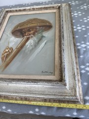 vintage oil painting on canvas depicting Man Smoking Bamboo Pipe Signed 22”X19”