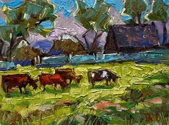Oil Painting Cows On A Green field O. Ivanyuk Unframed Original nAAA3975