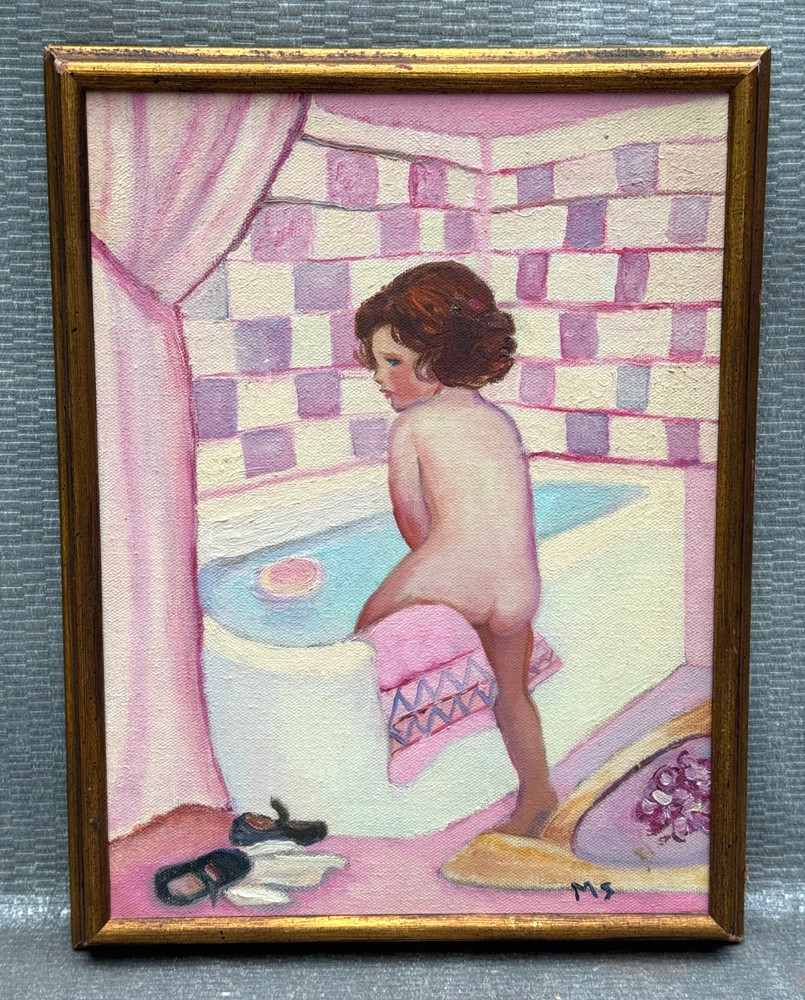 VINTAGE OIL PAINTING SIGNED MS M.S. FAUVIST NAIVE YOUNG GIRL CHILD IN BATH TUB