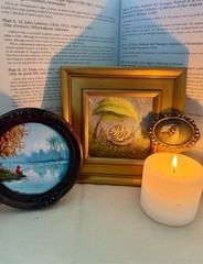miniature oil painting, original painting ,lake landscape ,fisherman painting