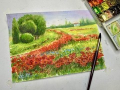 Original Watercolor Painting Landscape poppy field Provence farm red flowers A4