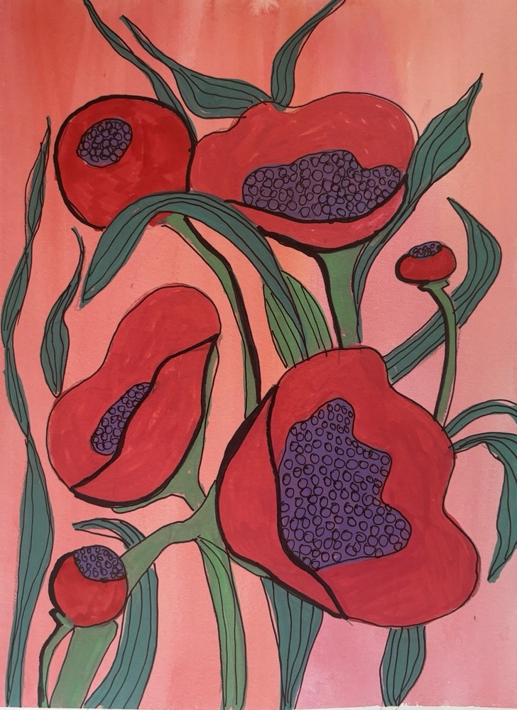 Abstract Red Poppy’s Flowers OOAK still Life Bright original artwork by artist