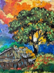Abstract Landscape Original Art House in the Field Wall Art Oil Pastels Sunset