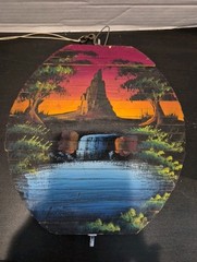 VTG Painting On Moveable Wooden Slats Mountain Sunset Waterfall Rare Find