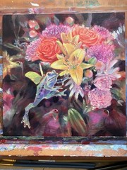 Original Flying Frog Painting floral art flowers ladybug Funny Artwork Amphibian