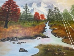 Pair Of Vintage Original Paintings Autumn Trees Woodland River Road Scene