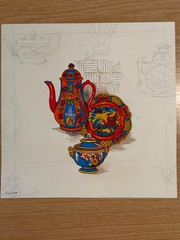 Vintage Textile Design Painting Imari Porcelain Still Life Gouache Pencil X6699