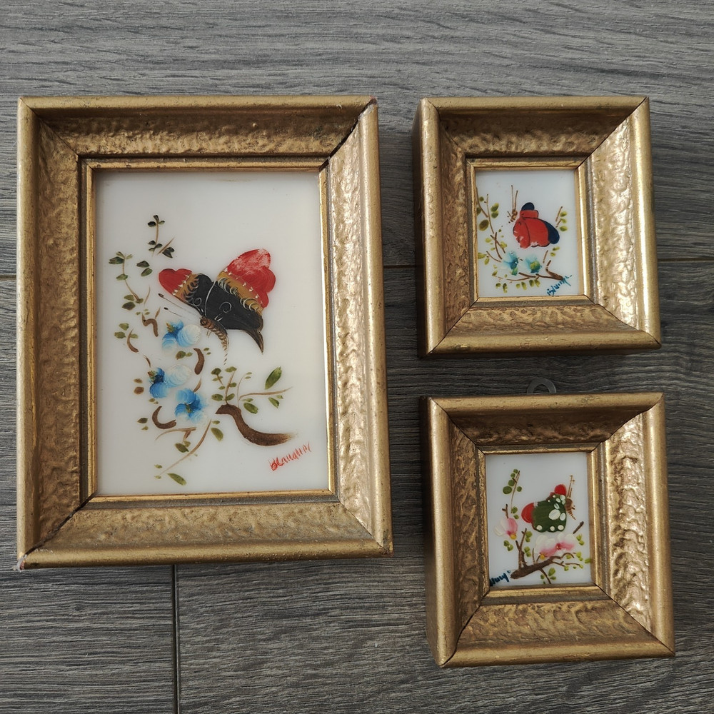 Vintage Set of 3 Miniature Verilyn Gallery Butterfly Paintings on Glass Spain
