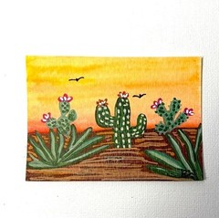 ACEO Original Painting, Abstract Desert Cactus Landscape, ElizabethJordan Art