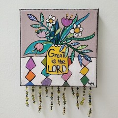 Folk Art ORIGINAL Bible Scripture Great LORD Psalm Flower Vase Pot Floral Beads