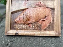 Carpfishing Fisherman Catches Carp Large Wood Carving Multicolor Picture Woodwor