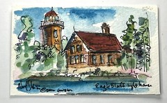 Eagle Bluff Lighthouse Noel Skiba Miniature Watercolor Painting 3×5” Fine Art