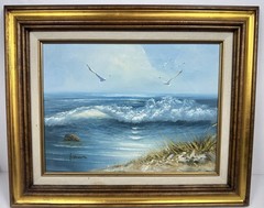 ORIGINAL OIL PAINTING Seaside Seascape Dunes Seagulls Ocean Signed Brown Framed