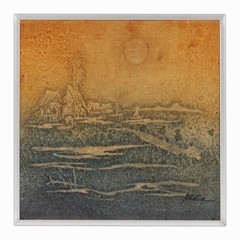 K H Eng „Evening“ Batik Painting on Fabric Mixed Media Landscape Sun Vintage Art