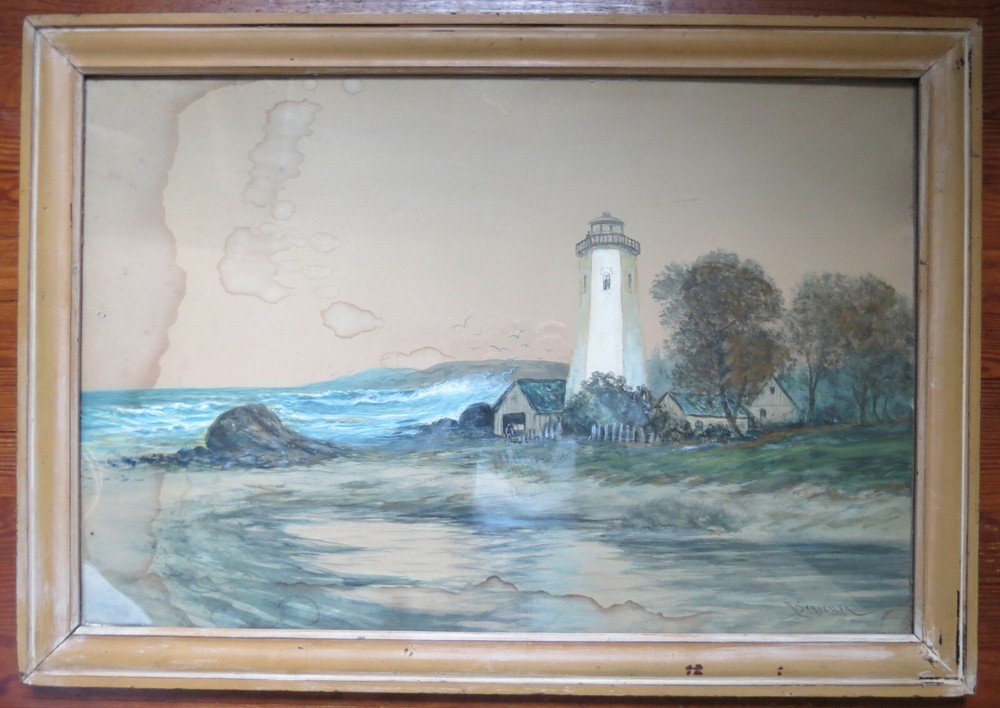 RAPHAEL SENSEMAN PASTEL PAINTING of SEASIDE COAST with LIGHTHOUSE – AS IS
