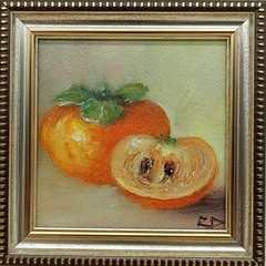 Original oil painting signed framed still lif Persimmon Hand painted 4×4 inch
