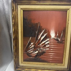 C.K Fang Acrylic Painting Vintage Gold Frame 13″ x 11″ Red Sky Boat Scene Set 2