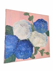 Modern Contemporary Blue & White Hydrangeas Floral Canvas 12 1/8” Sq Unsigned