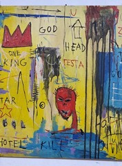 JEAN-MICHEL BASQUIAT ACRYLIC ON CANVAS 1982 WITH TIED WOOD SUPPORTS 32 X 32 IN.