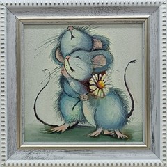 Original oil painting signed framed 4×4 inches Mouse mini Art