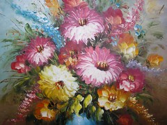 Still Life Oil Painting Art Flowers in Vase Floral Bouquet Signed R. Telson