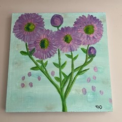 Purple Flowers -Metallic, Acrylic Painting on Wood Board- 12×12 Inches