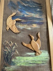 Wooden Mallard Ducks Flying Over Pond Framed Painting on Burlap Signed 26.5”x17”