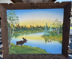 Moose Lake Painting Mary Clemens Framed Rustic Cabin Lodge Art 22×18