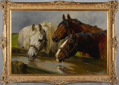 Vintage Oil Painting Three Horses Drinking at Stream Countryside Equestrian Art