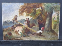 Charming English School Oil Circa 1860 Children on See-Saw