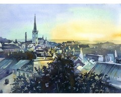 Tallinn Estonia City Hall watercolor cityscape painting, colorful wall art