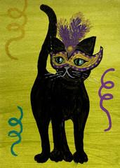 ACEO Mini ART PRINT Black Cat New Orleans Fat Tuesday Mardi Gras Bourbon Street