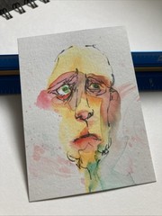 ACEO Original Watercolor Painting Abstract Man ATC Artist Trading Card Sketch