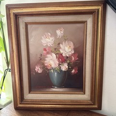 Vintage Framed Painting Flowers Floral Pink Whtie Roses Gold Robert Cox Gift