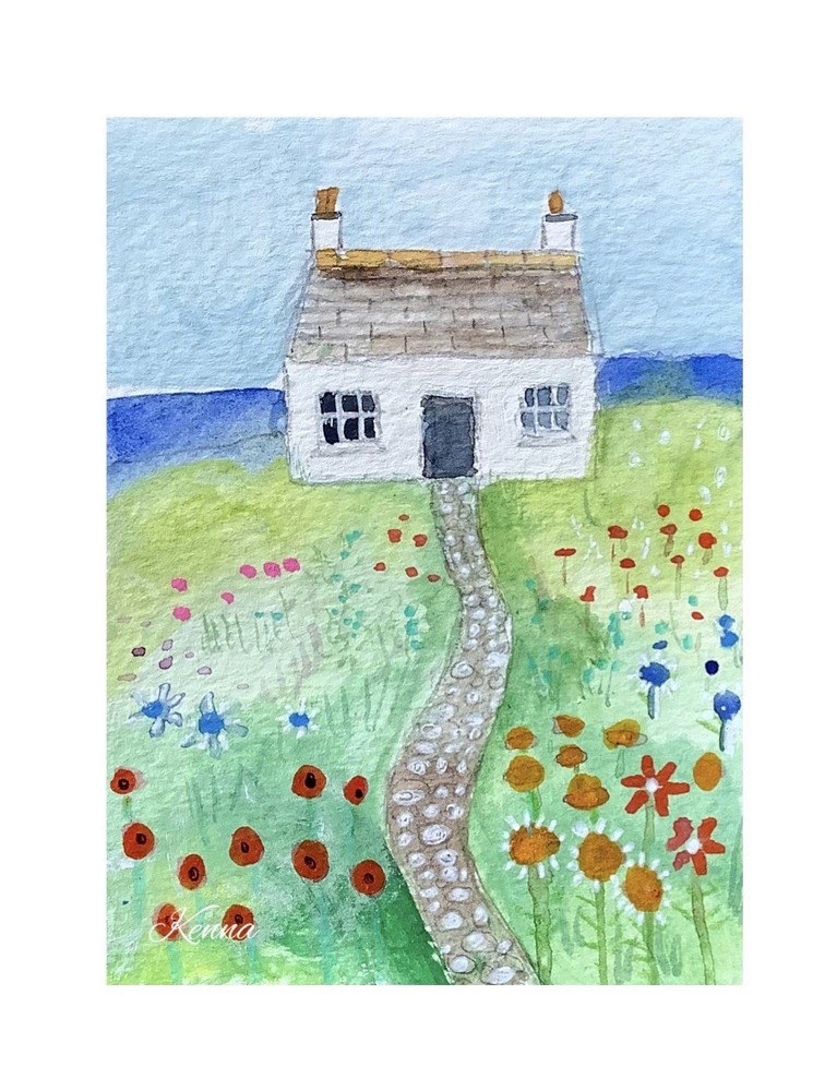 ACEO By Kenna Painting Landscape Watercolour Cottage 2.5” X 3.5” signed ÀTC