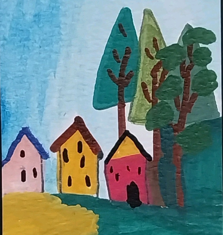 ACEO Original Painting Houses Landscape Art Card ATC