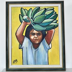 Original Latin American Folk Art Painting Child Bananas Large Framed 36×30