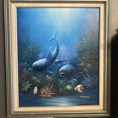 Benolt Vintage Oil Painting Sea Life Ocean Landscape Dolphins & Angel Fish