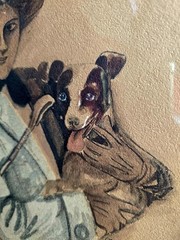 Antique Edwardian Watercolor Portrait Lady and Dog in Oval Wood Frame