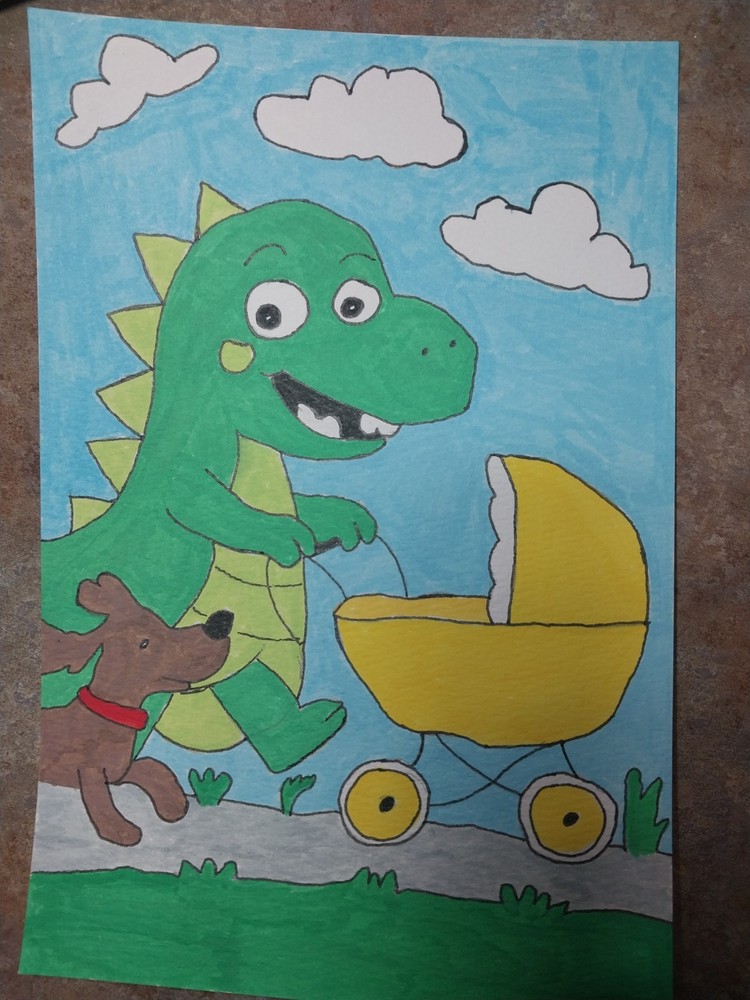 Original Painting 6×9 Whimsical Animals Dragon Dinosaur Carriage Puppy Dog GAT