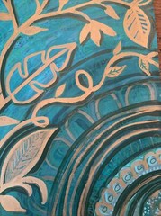 Golden Leaves & Dark Green Abstract Mandala Pattern Painting On Paper Moody