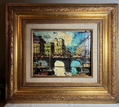 Pair Remi Chapelle Mid Century Modern Oil Paintings City Forms Merrill Chase COA