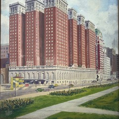 1930’s Signed J Weyers Oil On Board Of A Cityscape W/Hotel & Cars
