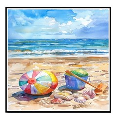 Watercolor Beach with Colorful Ball Blue Bucket Shells and Shovel on Sandy Shore
