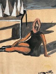 René Magritte drawing and painting on old paper signed stamped vintage